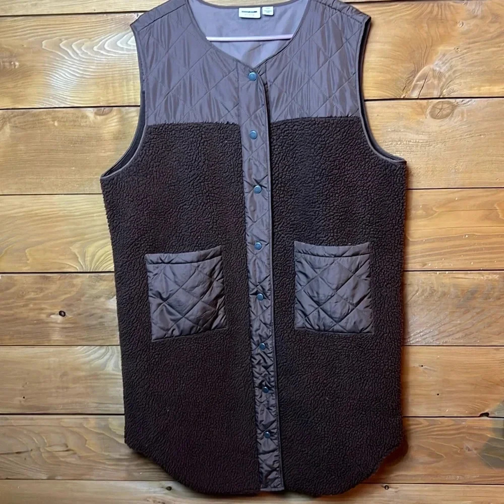 Noisy May Women’s Brown Longline‎ Mixed Quilted Teddy Vest XL Sleeveless Pockets